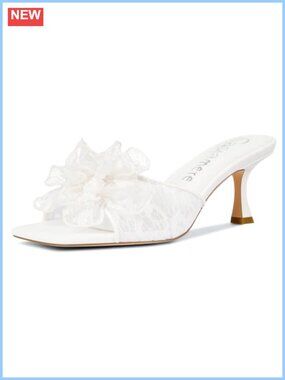 Floral Lace Mesh Kitten Heel Sandals Open Square Toe Slip On Mules